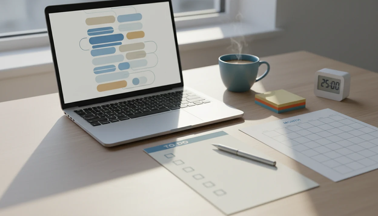 A desk setup with a laptop, checklist, prompt cards, and calendar suggesting 30 days of AI email workflow.