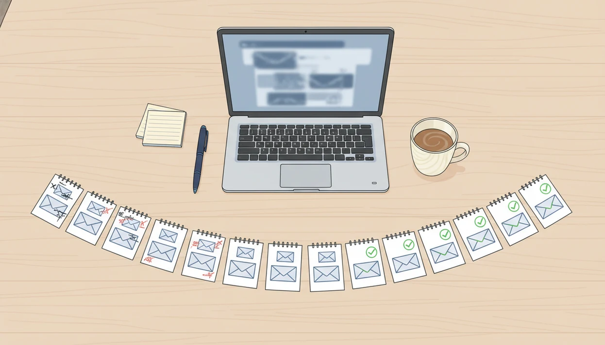A desk illustration shows thirty stages of email drafts becoming cleaner and more reviewed over time.