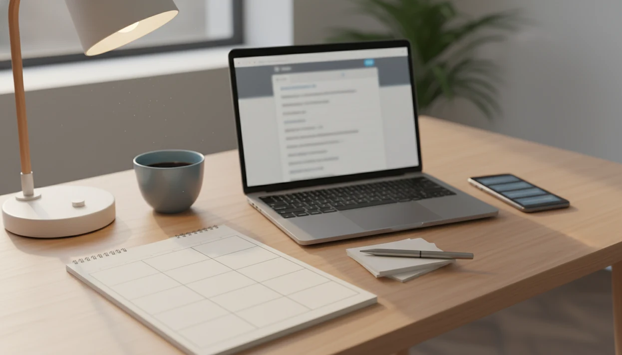 A tidy desk shows email drafting tools, blank calendar pages, and prompt cards for a 90-day AI workflow.
