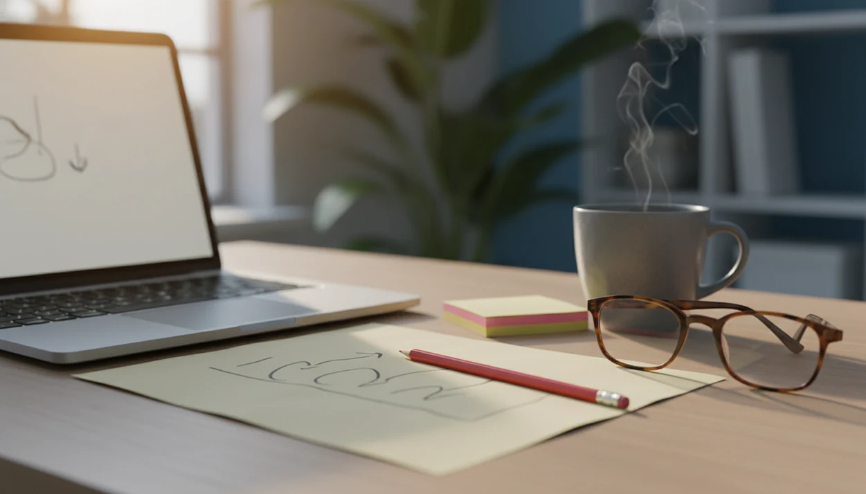 A desk setup with a blurred email draft, laptop, pencil, notes, and glasses suggesting careful apology review.