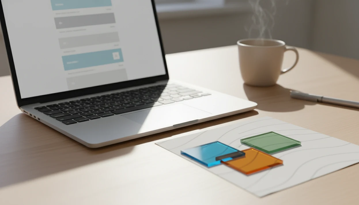 A laptop and colored swatches on a desk suggest adjusting an email’s tone before sending.