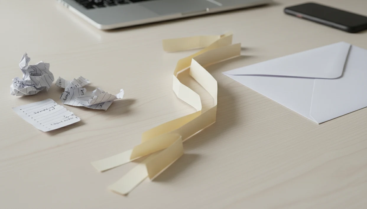 Messy note cards visually transform into a neat letter and envelope on a clean desk.