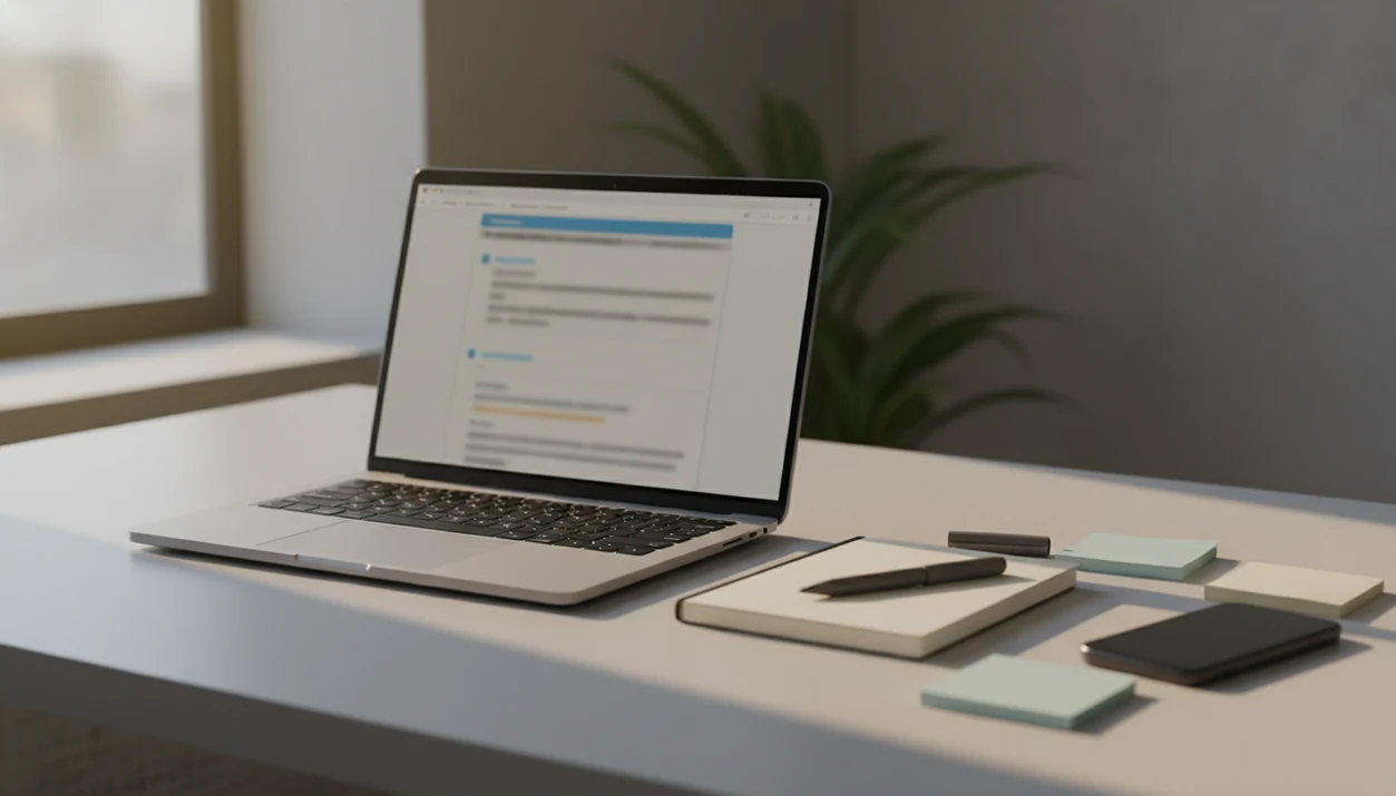 A calm support desk with a laptop, notebook, and blurred email draft ready for review.