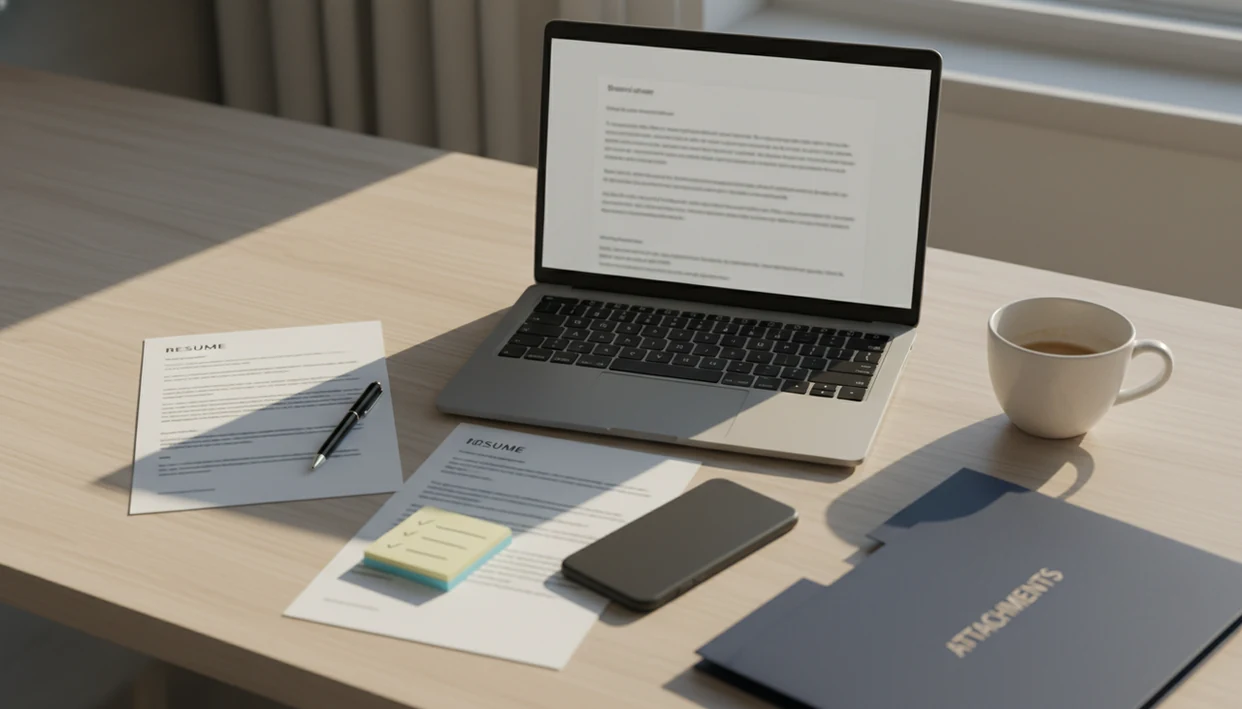 A laptop, resume, job posting, and notes arranged on a clean desk for drafting a job application email.