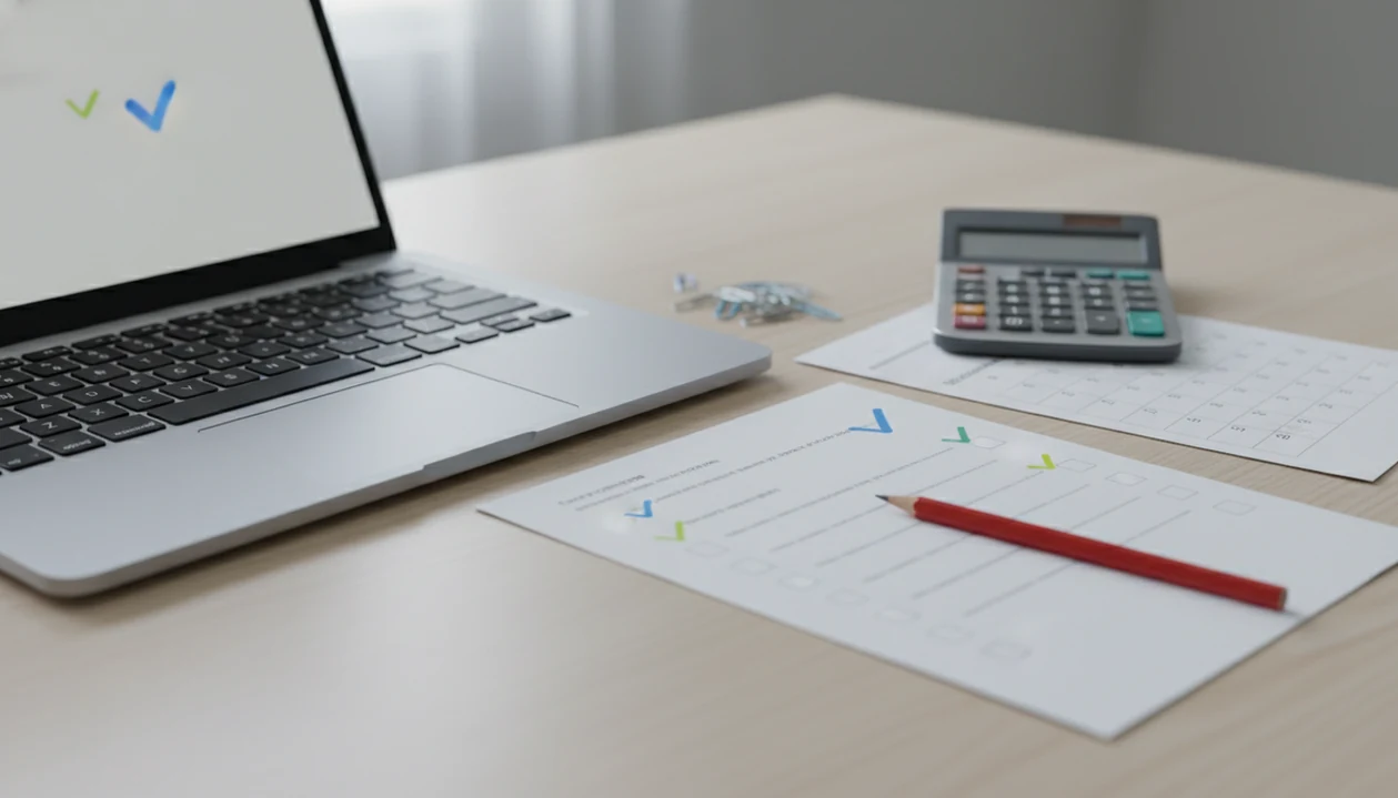 A desk setup shows an email draft being carefully checked against notes, calendar, and records.