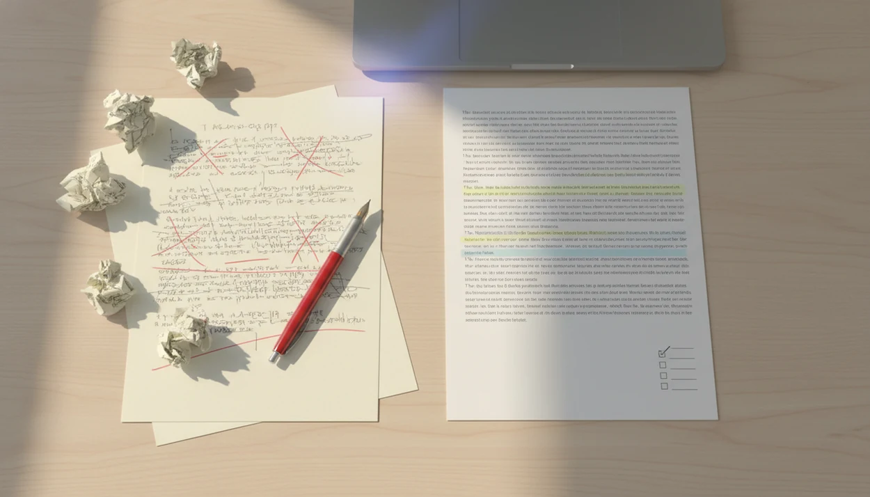A messy email draft is transformed into a clean reviewed version on a professional desk.