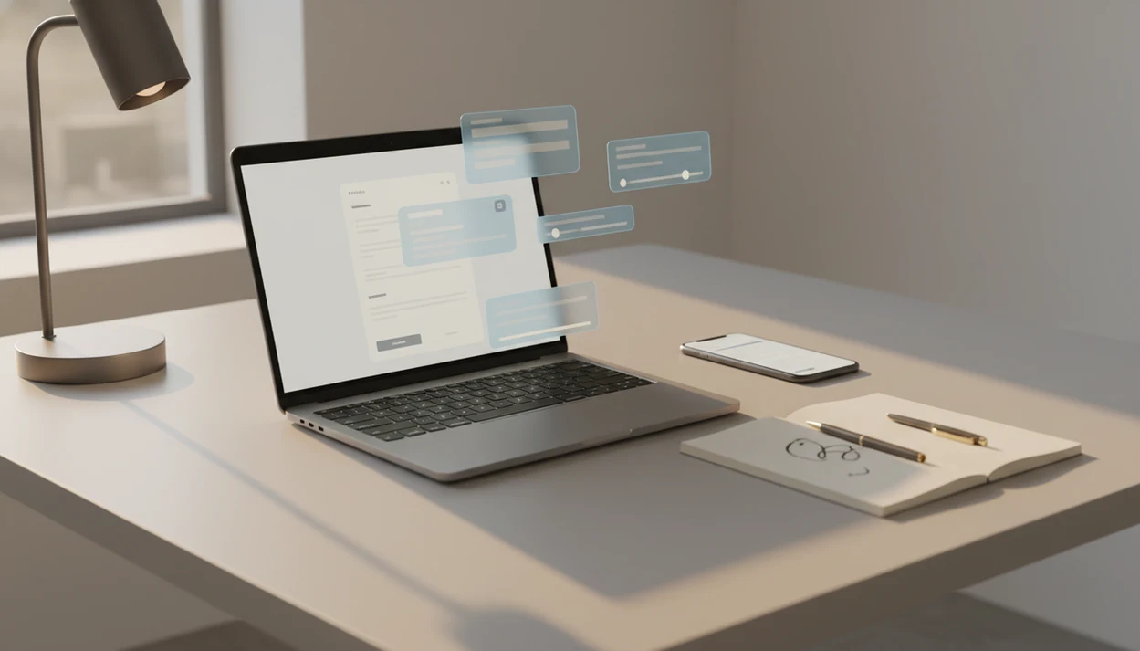 A laptop and phone on a clean desk with abstract AI email draft cards floating above the screen.