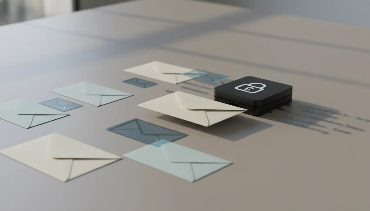 Sealed email envelopes move toward a locked data box, suggesting AI email storage and retention.