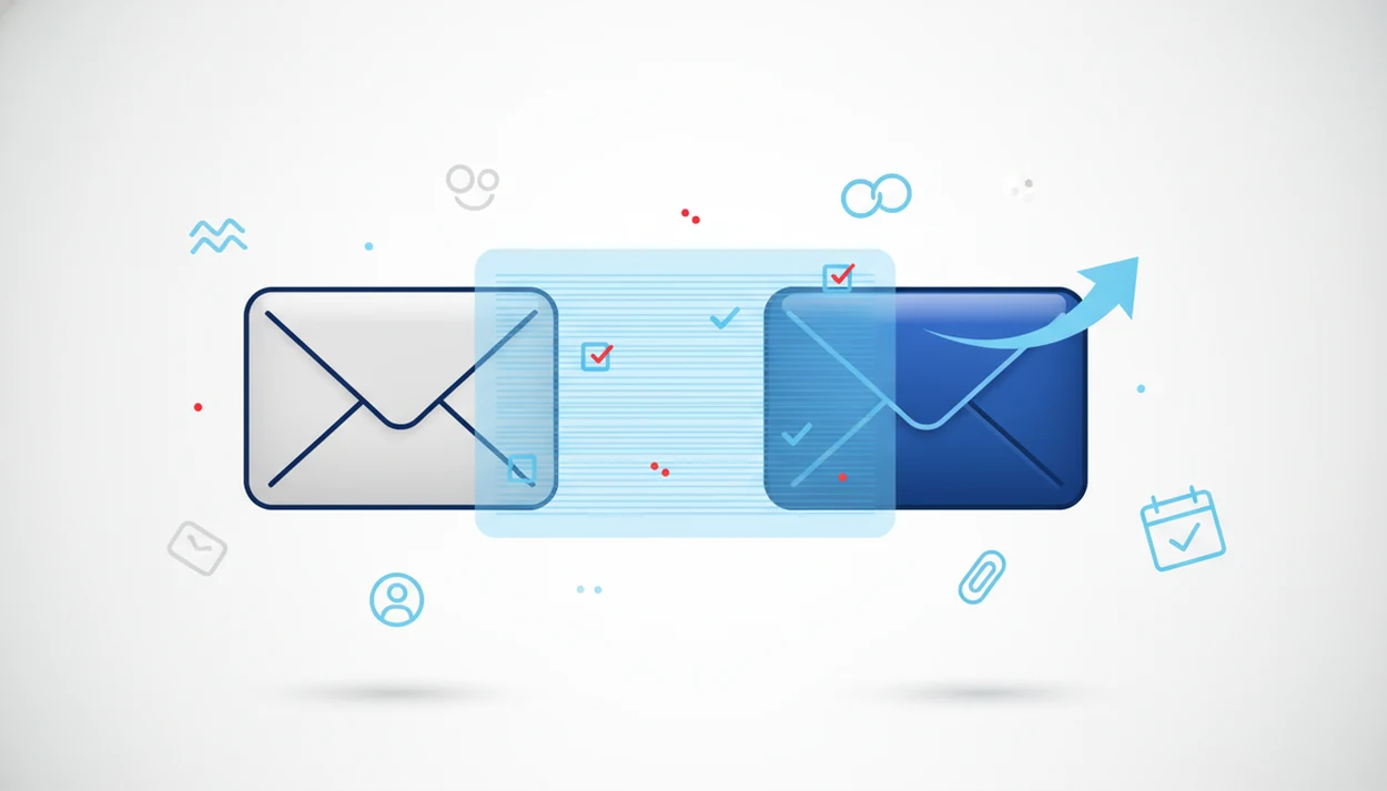 An email draft passes through an AI review layer with checkmarks before being sent.