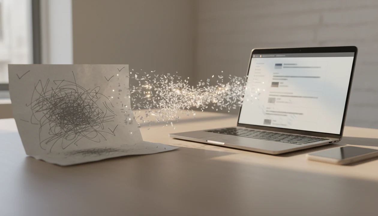 A rough paper draft visually transforms into a polished email on a laptop and phone.