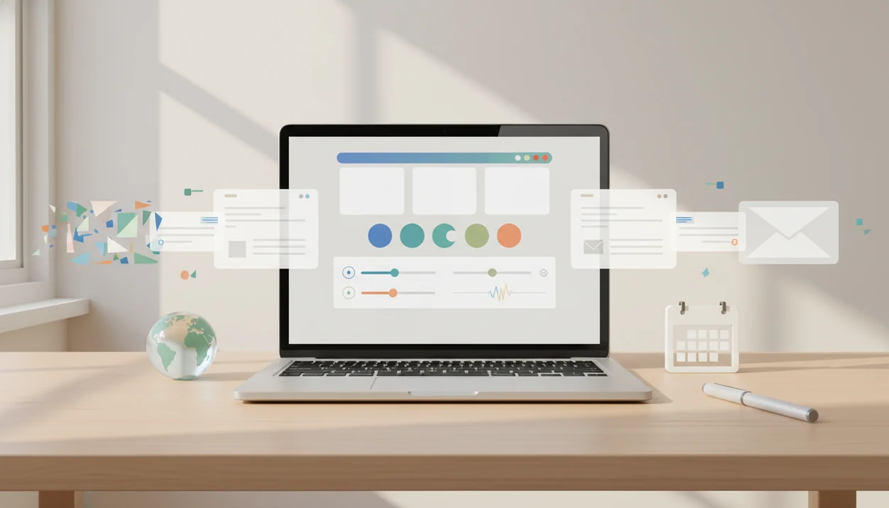 An illustrated laptop turns multilingual message fragments into polished professional email drafts.