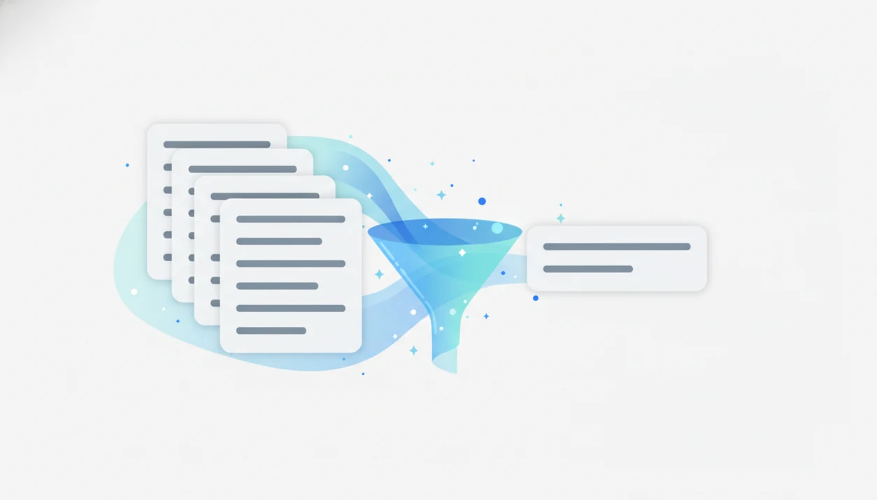 Abstract email cards are refined into one concise subject line in a clean AI workflow illustration.