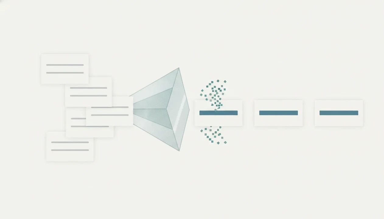Email draft cards flow through an AI prism into concise subject line options.