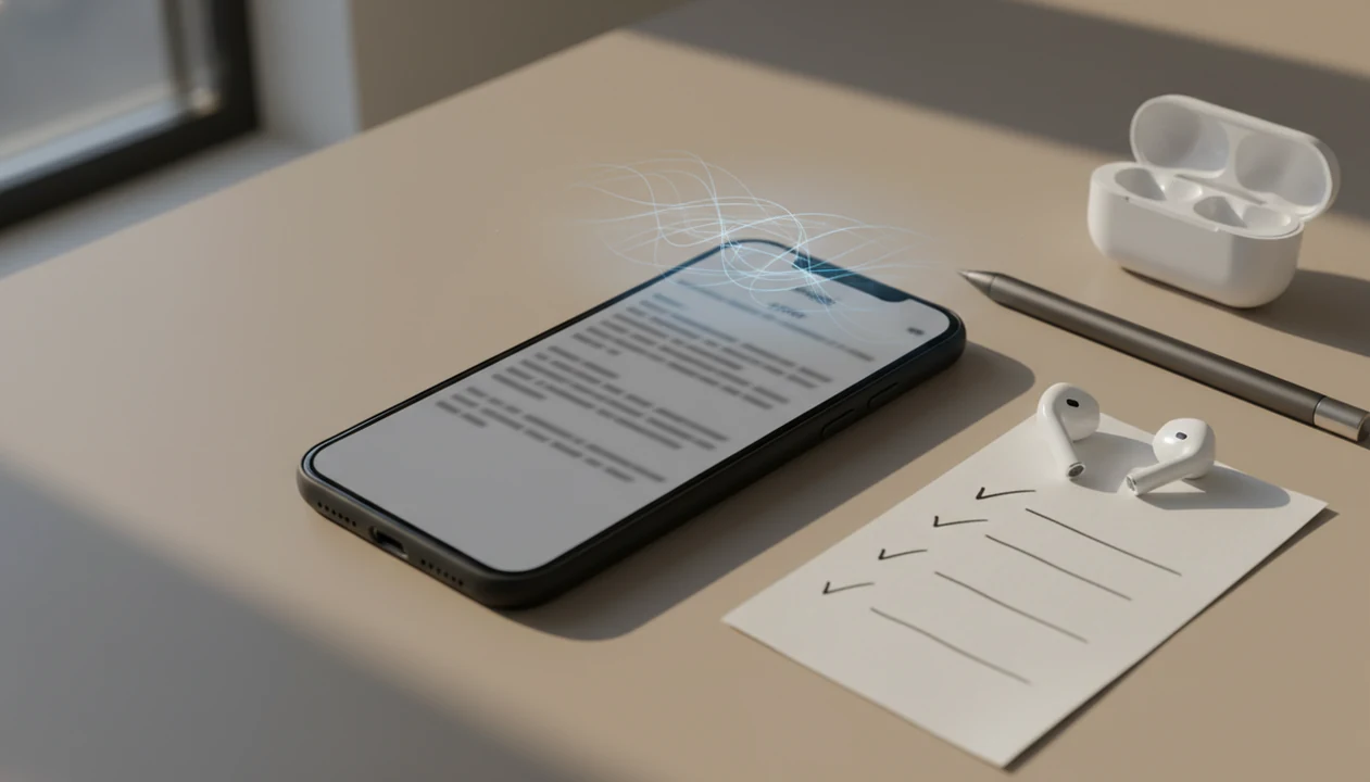 An iPhone email draft on a desk with a checklist, suggesting AI-assisted client reply review.