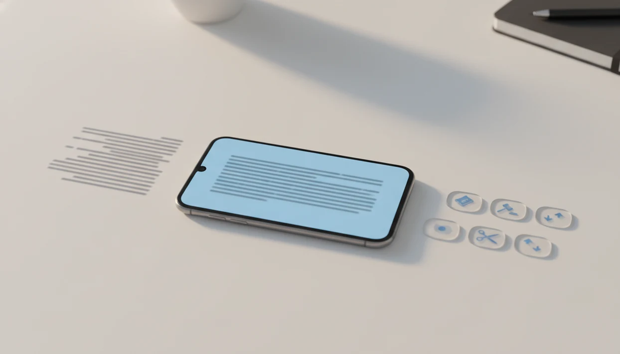 An Android phone shows a rough email draft being visually refined into cleaner lines by AI.