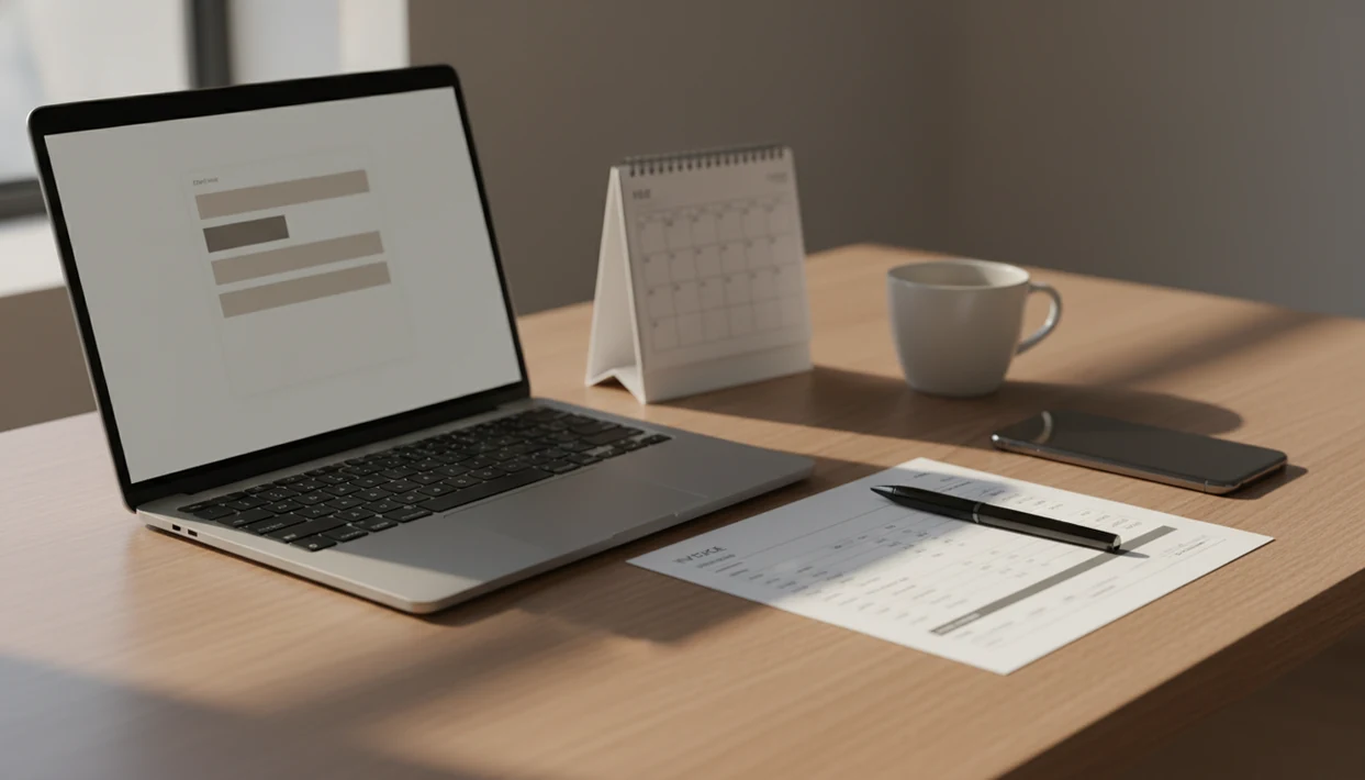 A tidy freelancer desk with a laptop, blurred invoice, calendar, pen, coffee cup, and phone in warm light.