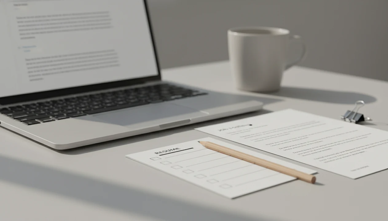 A laptop email draft sits beside a resume, job posting, and checklist on a clean desk.