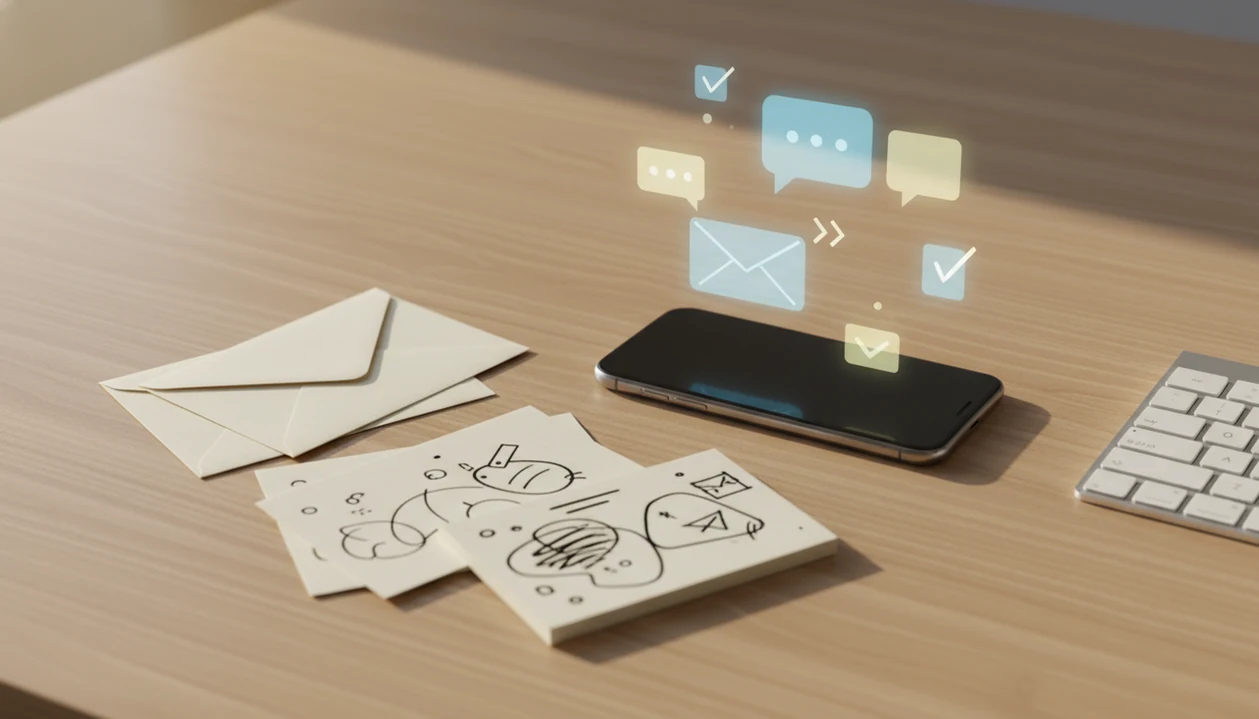 A smartphone on a tidy desk with blank envelopes and abstract message shapes suggesting AI-assisted mobile email.