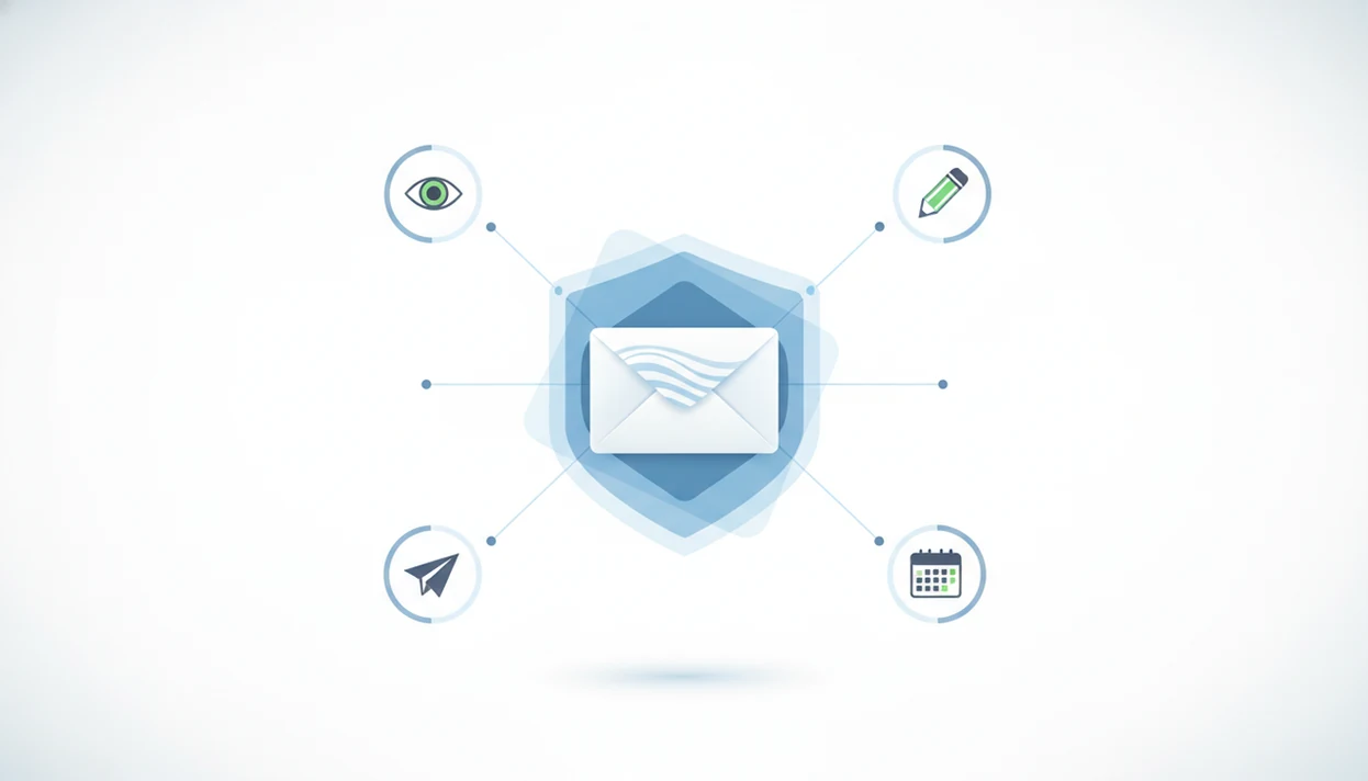 A protected email envelope is connected to abstract permission symbols for reading, writing, sending, and calendar access.