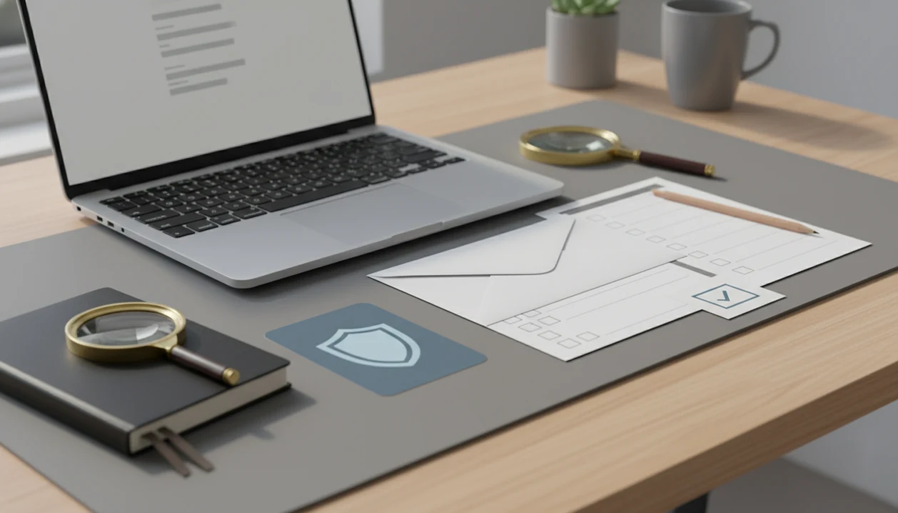 A careful email drafting workspace with an envelope, checklist, magnifying glass, and privacy shield.