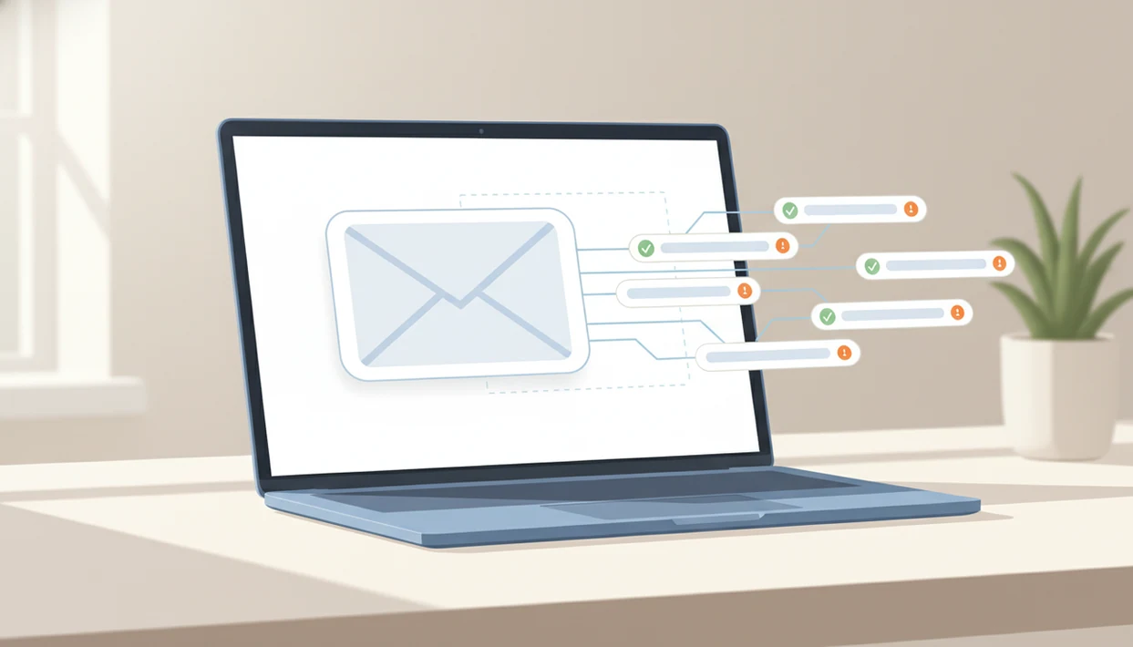 An abstract laptop interface shows subject line options being checked against an email draft.