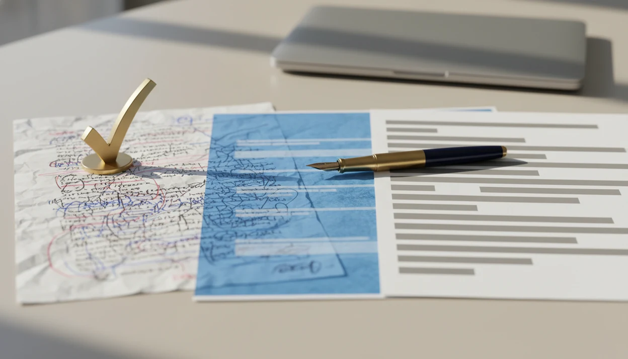Messy email drafts become a clean polished version on a desk with a pen and laptop nearby.