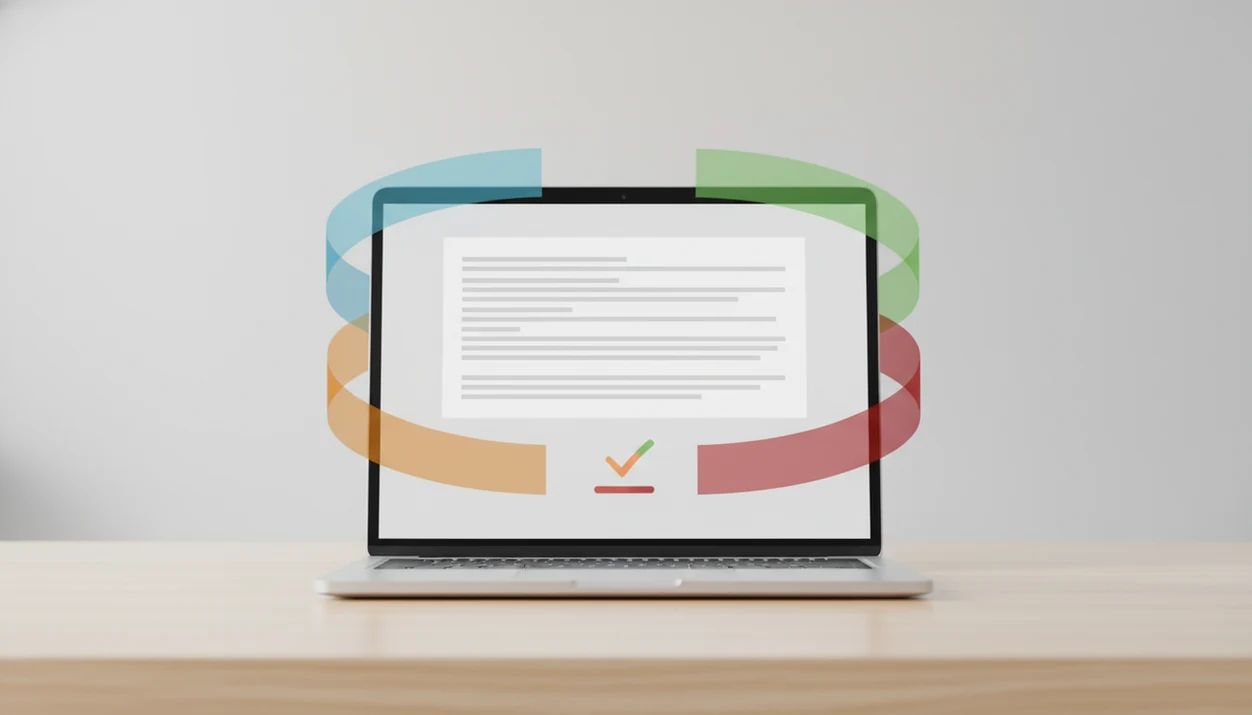 An abstract laptop email draft is surrounded by colored tone signals showing AI analysis.