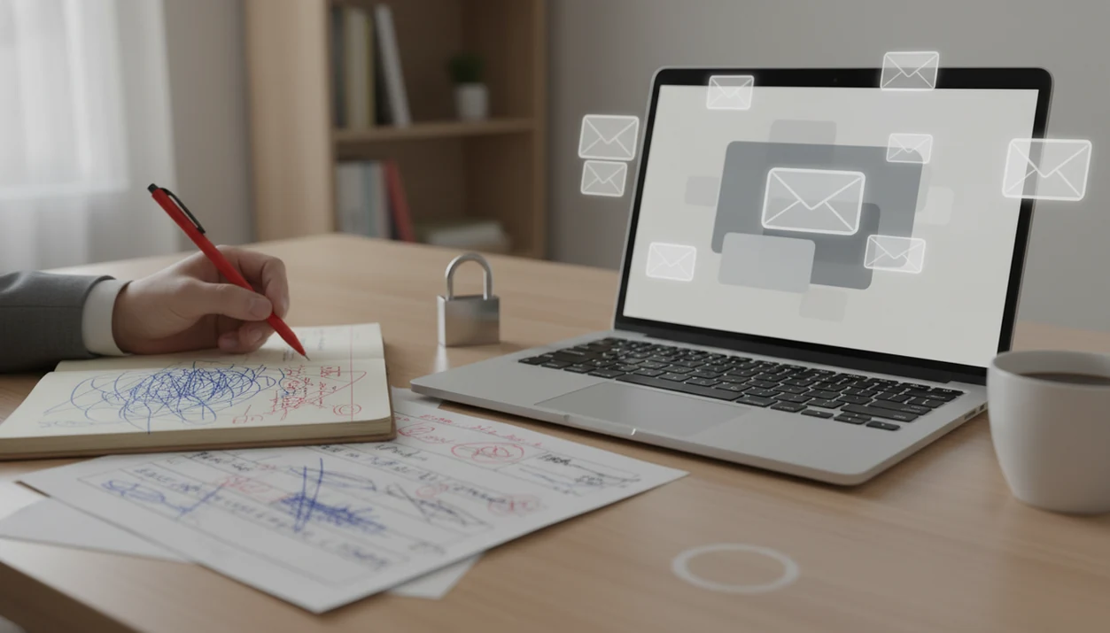 A work desk shows AI-assisted email drafting with abstract message cards, editing marks, and a privacy lock.
