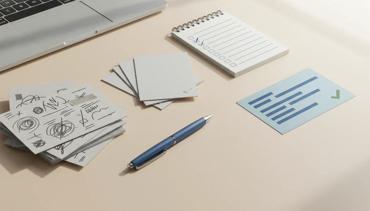 A desk illustration shows messy email drafts becoming organized into a polished final message.
