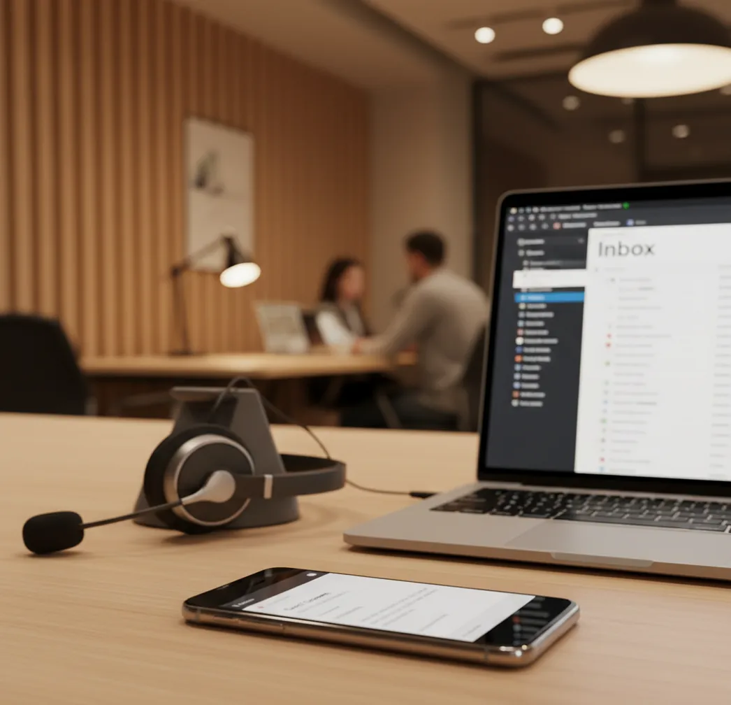 Support agent drafting a polite refund email on a phone beside a laptop and headset