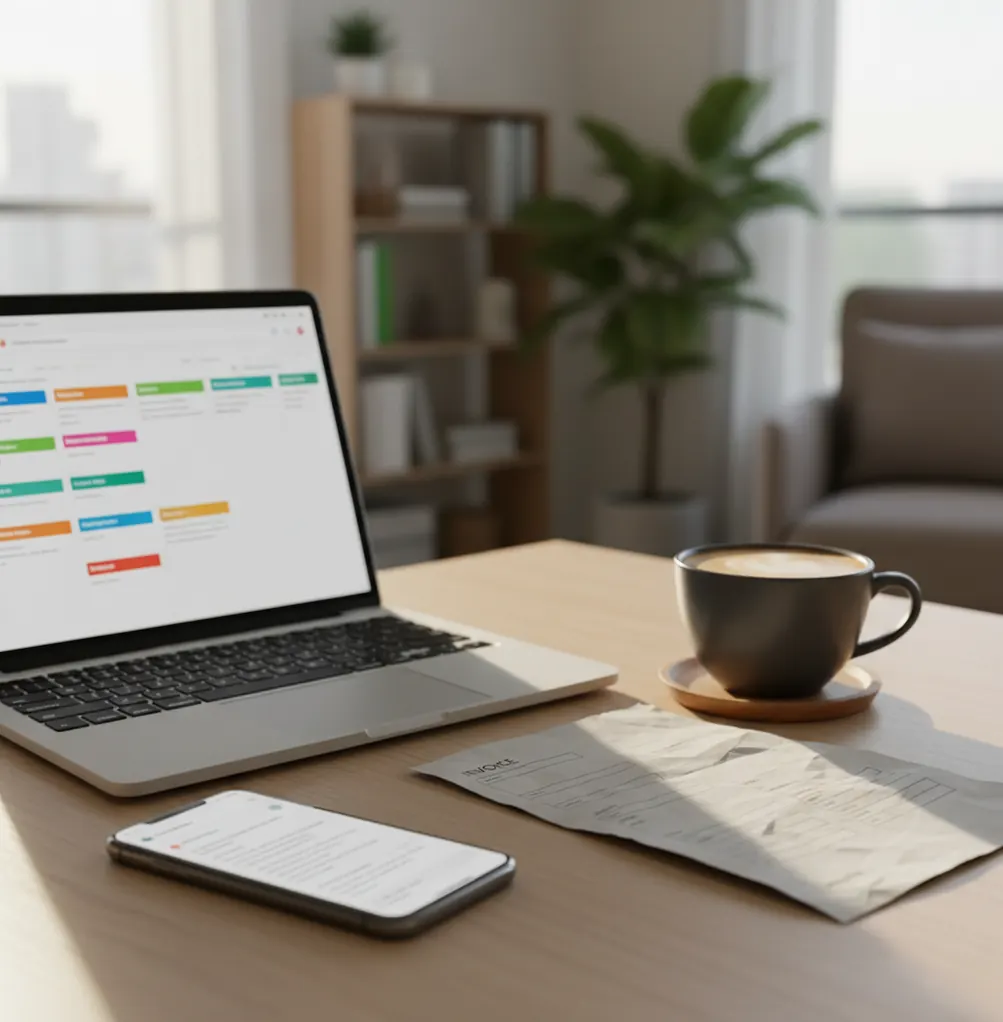 Freelancer drafting a client follow-up email on a phone beside a laptop and invoice