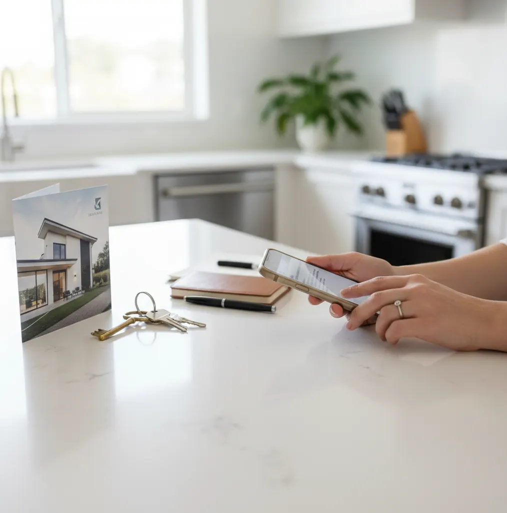 Real estate agent typing follow-up email beside listing brochure and keys on a kitchen counter