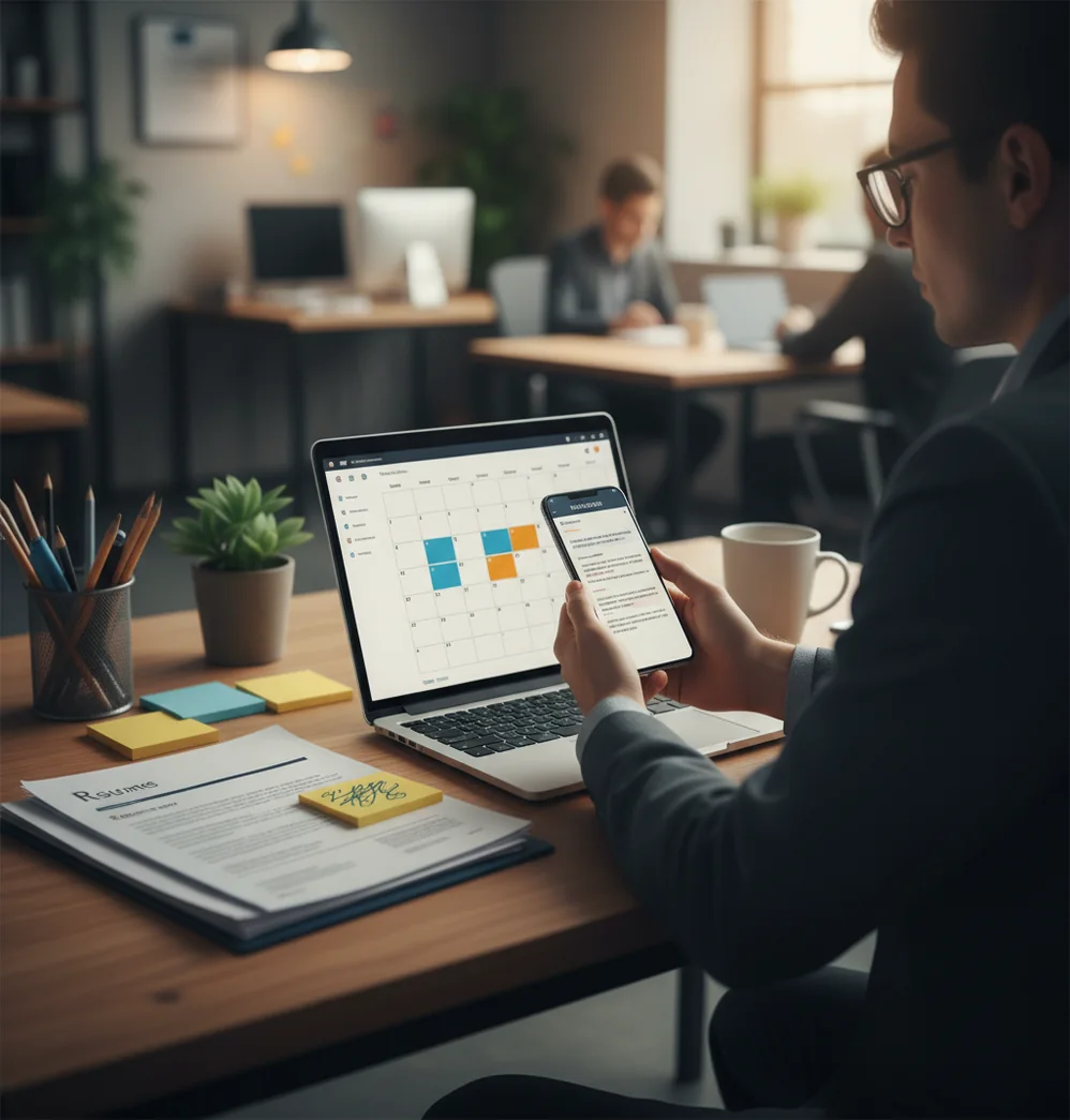 Recruiter writing a candidate outreach email on a phone beside a laptop and resume notes