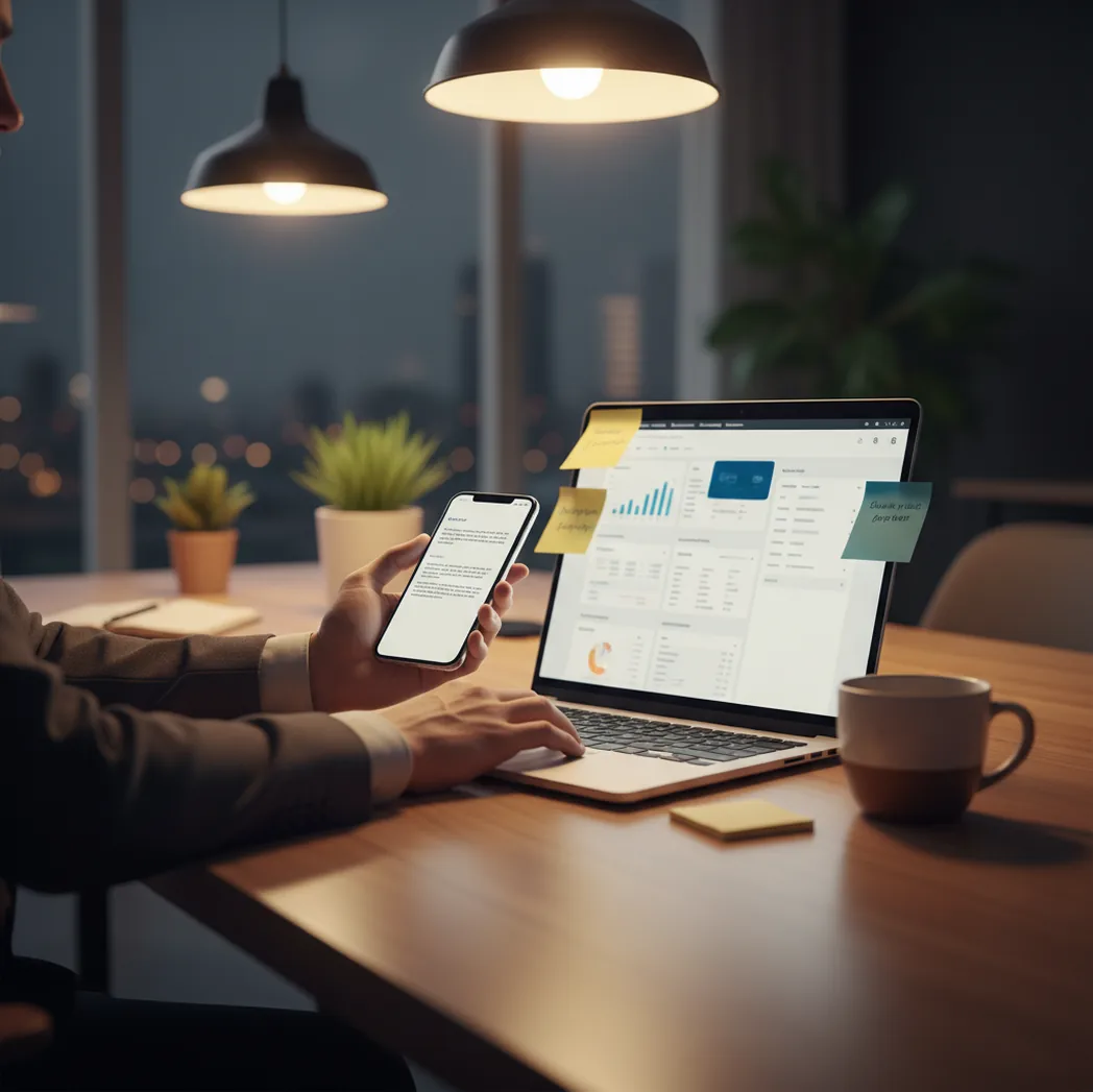 Sales rep reviewing a concise outreach draft on phone beside laptop and CRM notes