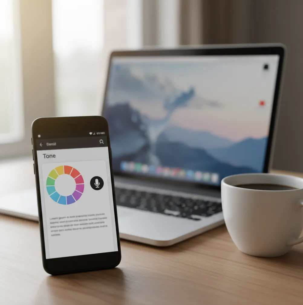 Android phone drafting a professional email reply with tone options and voice dictation enabled