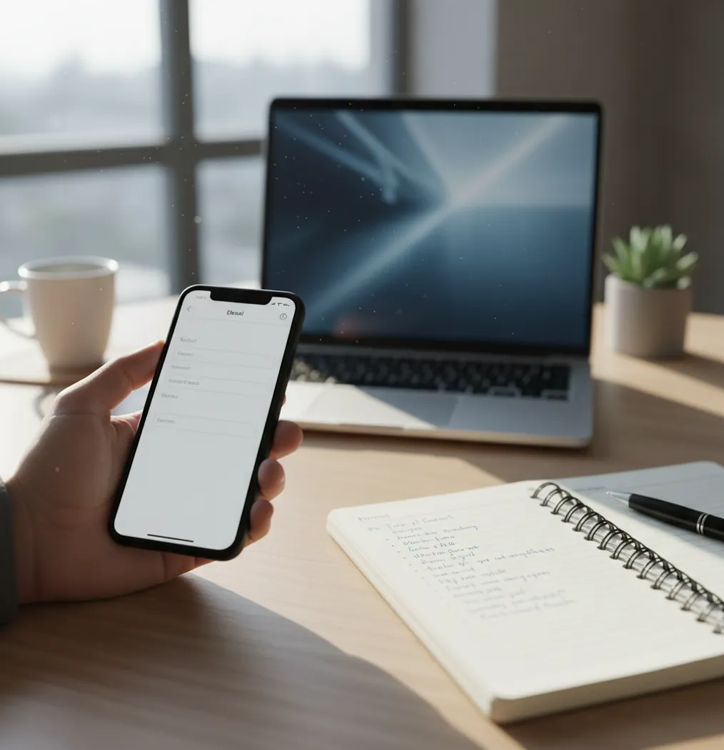 Phone drafting a concise introduction email beside a notebook and coffee on a desk
