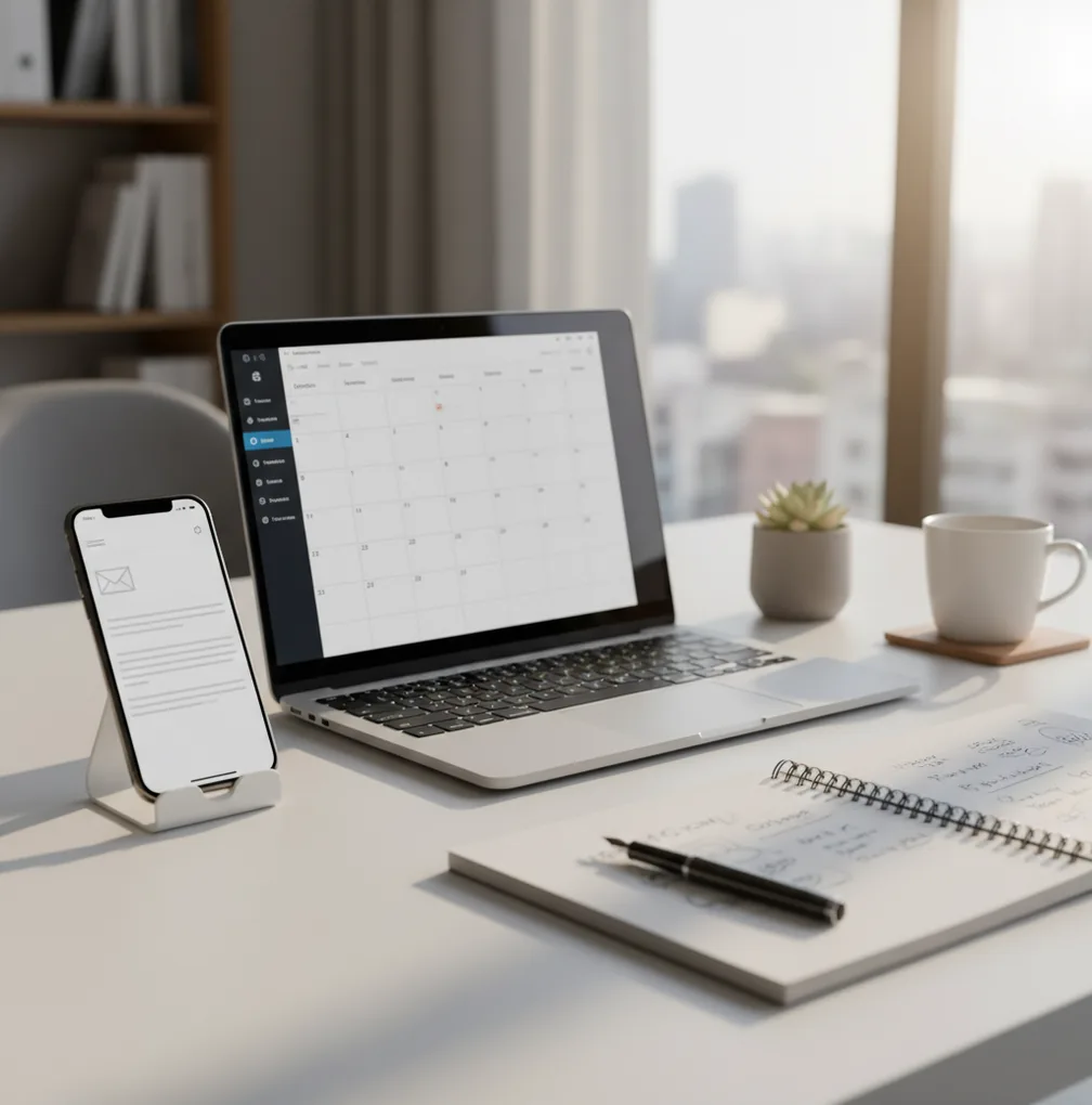 Professional writing a meeting request email on a phone beside an open laptop calendar