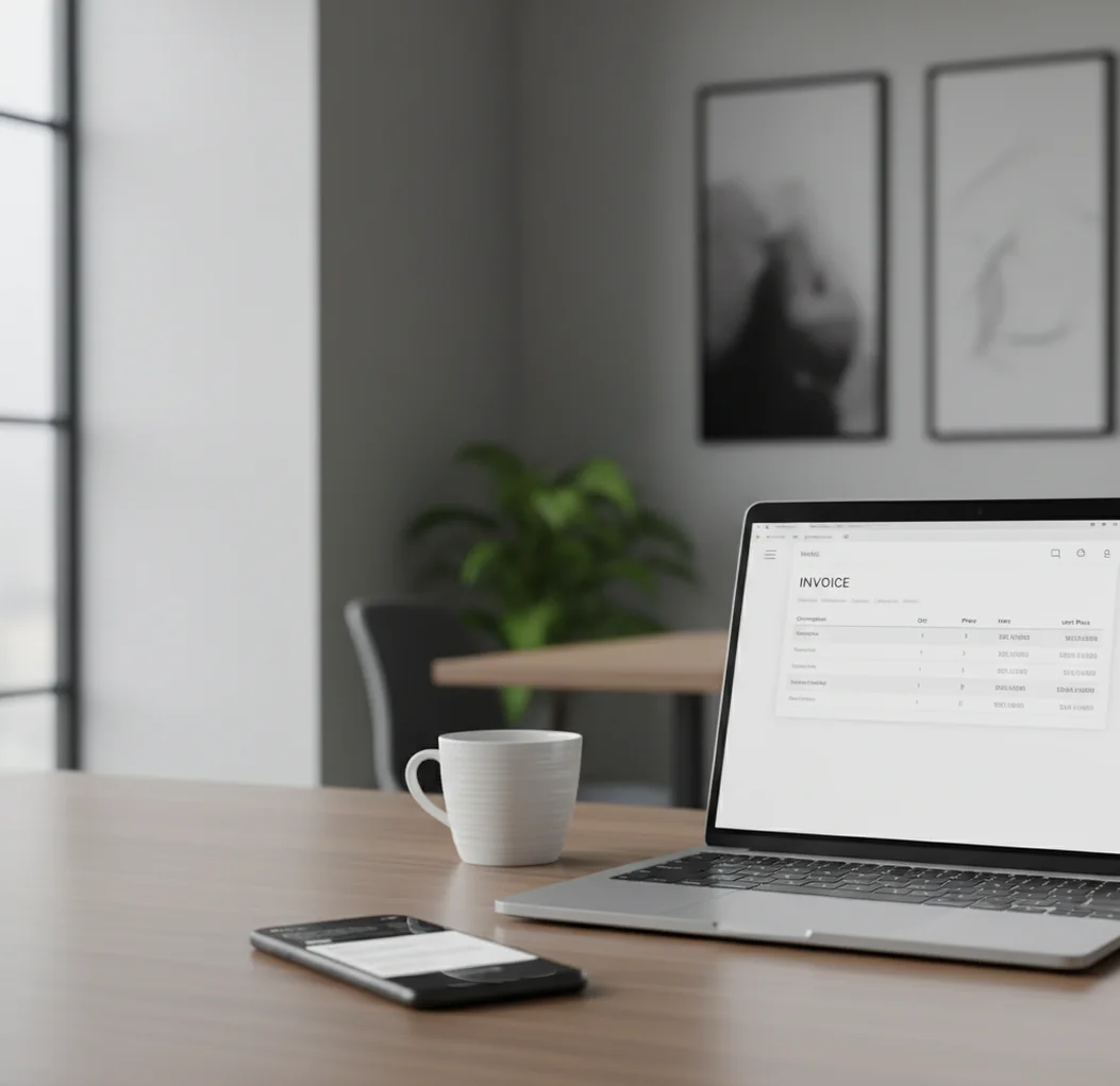 Phone drafting a polite payment reminder email while an invoice sits open beside a laptop
