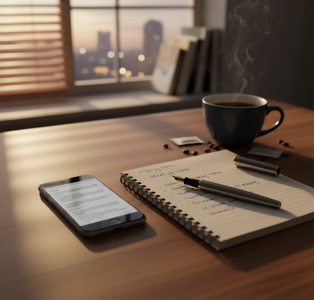 Phone drafting a short thank-you email beside a notebook and coffee on a desk