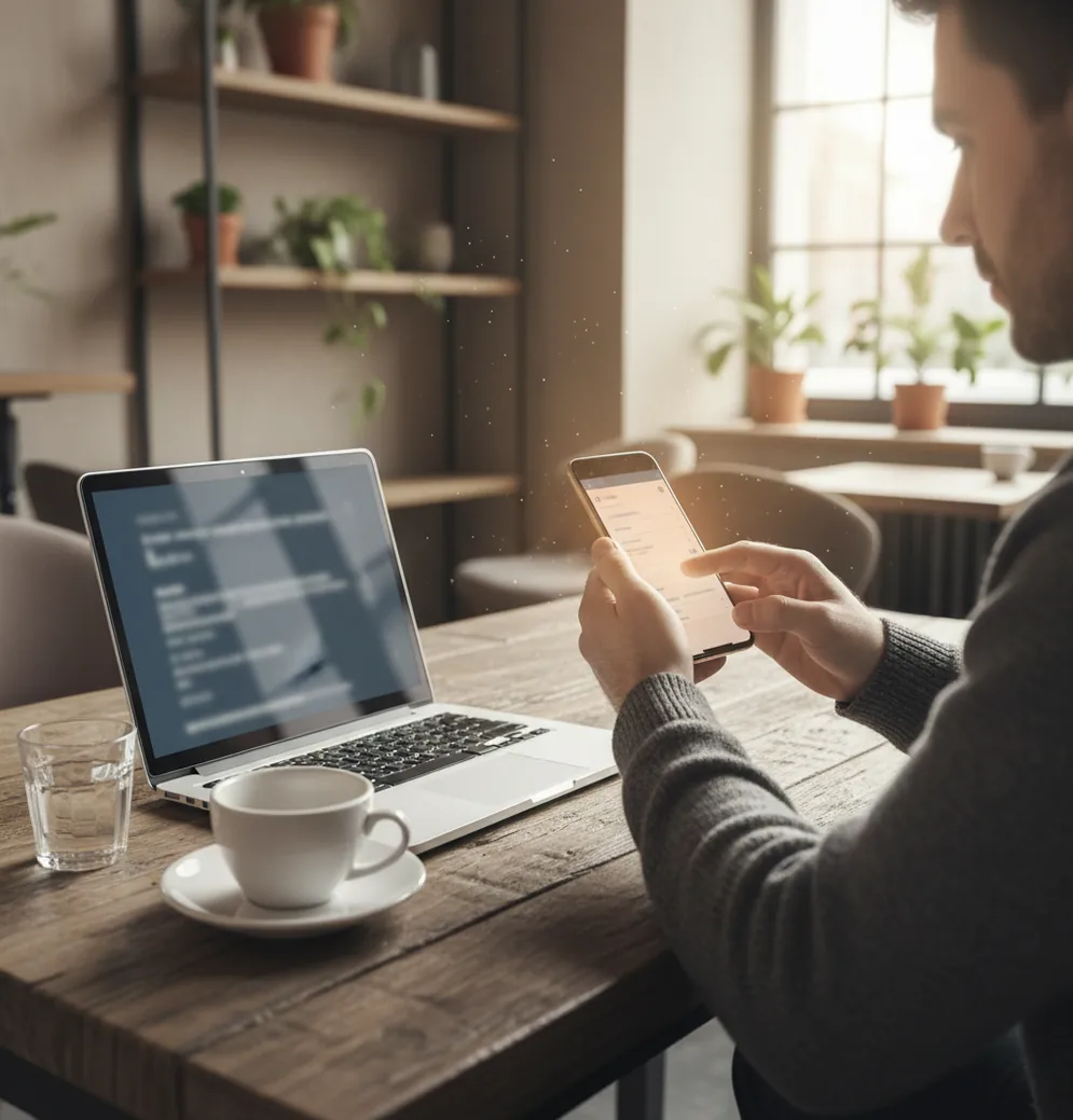 Professional writing emails on a phone with AI suggestions, drafts, and subject lines on screen