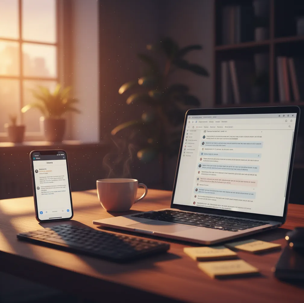 Phone and laptop drafting a reply beside a labeled sales thread screenshot on desk