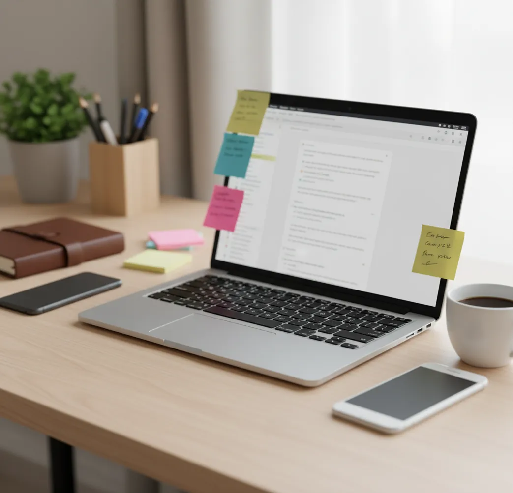 Two phones on a desk showing drafted emails and subject lines beside a laptop