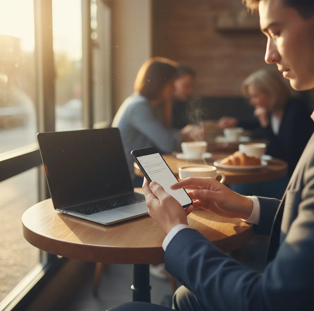 Person holding a phone drafting a professional email on a commute, coffee and laptop nearby
