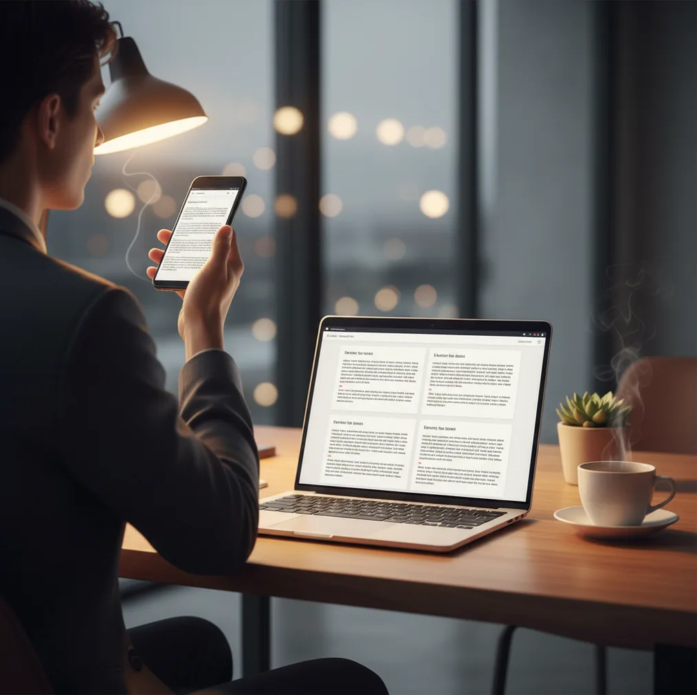 Person dictating an email on a phone, drafts updating on a laptop in a quiet office
