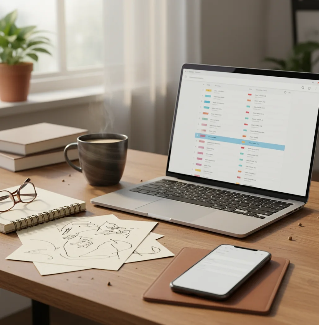 Person editing an AI draft into a natural email on a phone and laptop