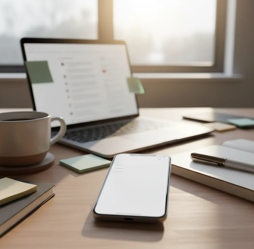 A smartphone drafting a professional email while a laptop shows an inbox in the background