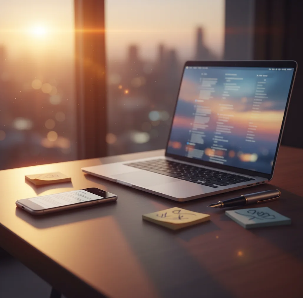 Phone drafting a polished client email beside a laptop with an overflowing inbox at dusk